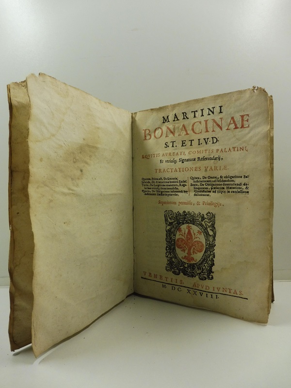 Martini Bonacinae S. T. et I. V. D. .... Tractationes variae. Quarum prima est De simonia. Secunda De alienatione bonorum... Tertia. De Largitione munerum... Quarta. De Obligatione insumenti beneficiorum... Quinta. De Onere et obligatione beneficiarum. Sexta. De obligatione denunciandi delinquentes, praesentim hereticos et confessasiores ad turpia in confessione sollicitantes
